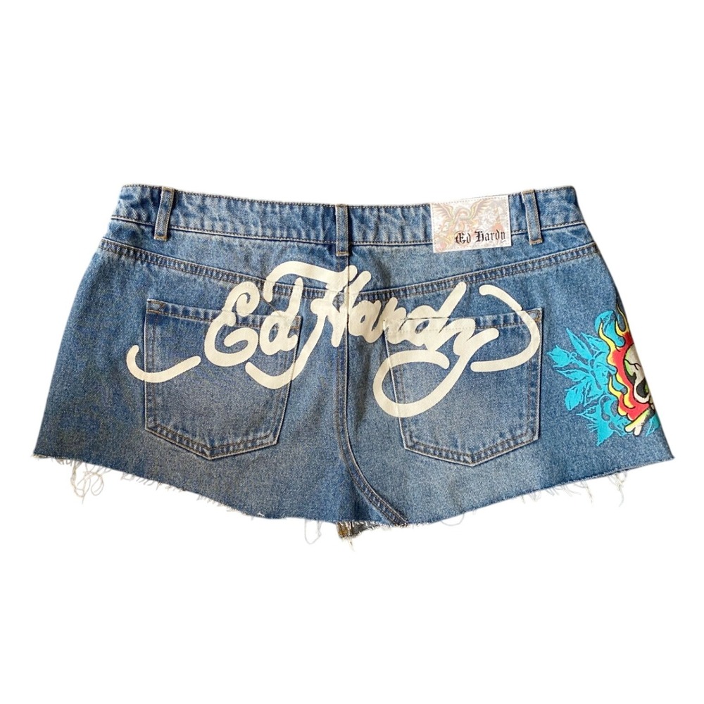 Y2K Ed Hardy Denim Micro Mini‎ Low Rise Blue Jean Skirt XL Tattoo Skull Grunge